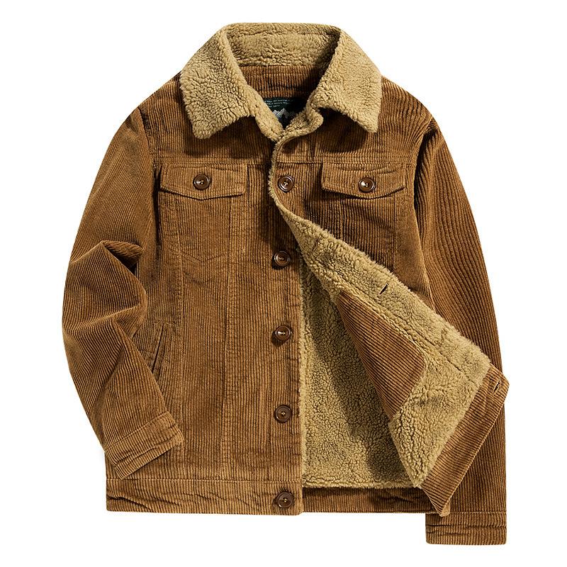 Men's Autumn and Winter Fleece Thickened Strip Cotton Jacket Retro Lapel Corduroy Cotton Jacket Men's
