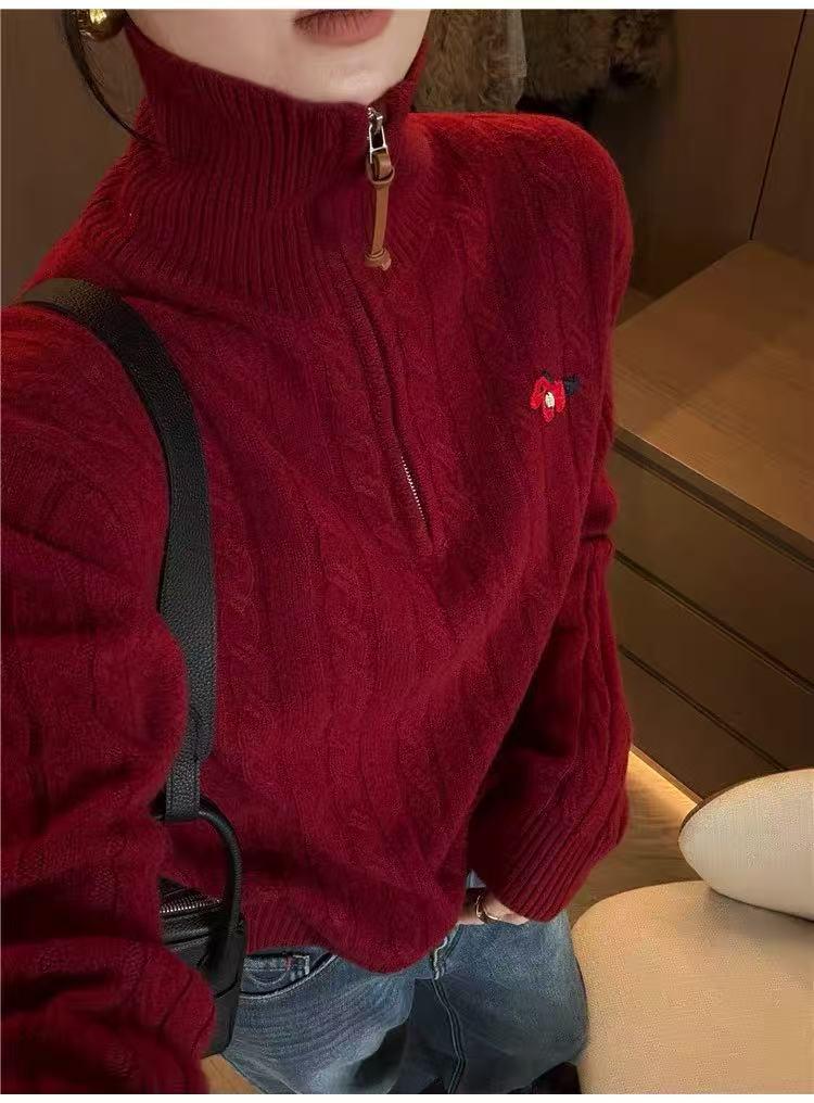 Embroidered Half-Zip Wool Sweater: Versatile New Year Cable Knit Design, Soft & Cozy, Stylish for Women
