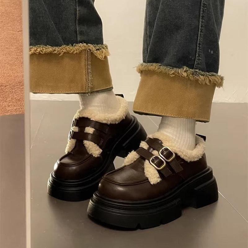 Comemore Black Leather Shoes for Women Winter New Thick-soled Loafers Padded Cotton Shoes Casual Heeled Belt Buckle Pumps