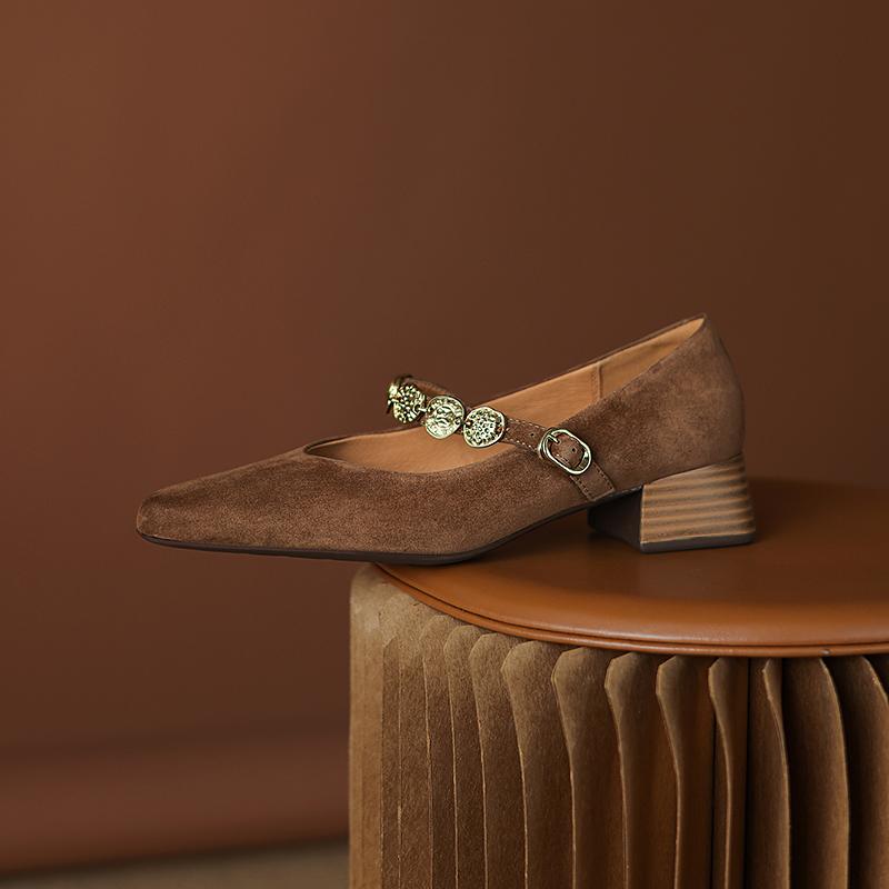 Fashion 2025 New Spring Women Pumps Kid Suede Square Toe Genuine Leather Shoes for Women Buckle Strap Mary Janes Ladies Shoes