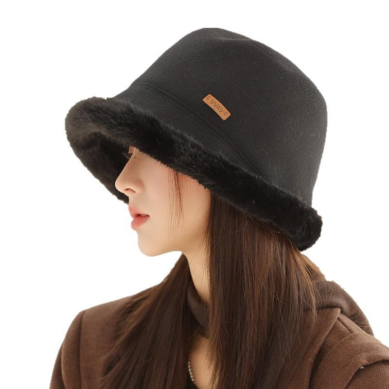 Samt Verdickter Hut für Damen im Herbst und Winter Britischer Stil Warmer Fischerhut Vielseitiger Gesichtskleiner Eimerhut Koreanischer Stil Beckenhut