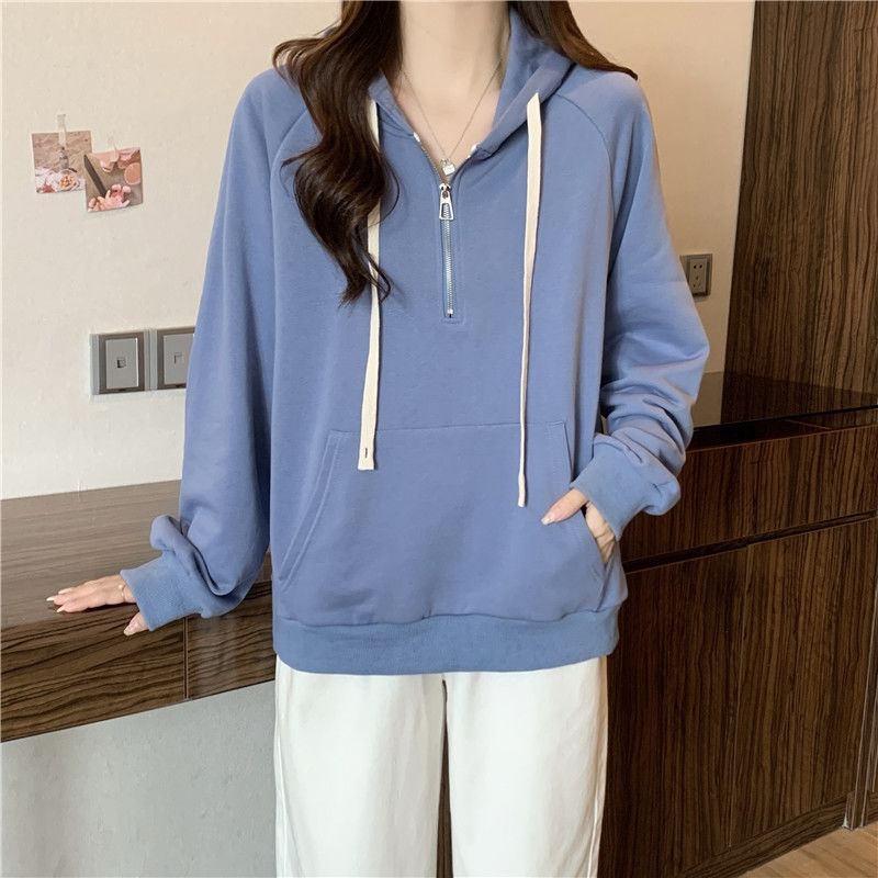 With Hat Hoodies Women Pure Color Chic Kangaroo Pocket Leisure Drawstring Zipper Autumn Trendy Newly Simple All-match Loose Kpop