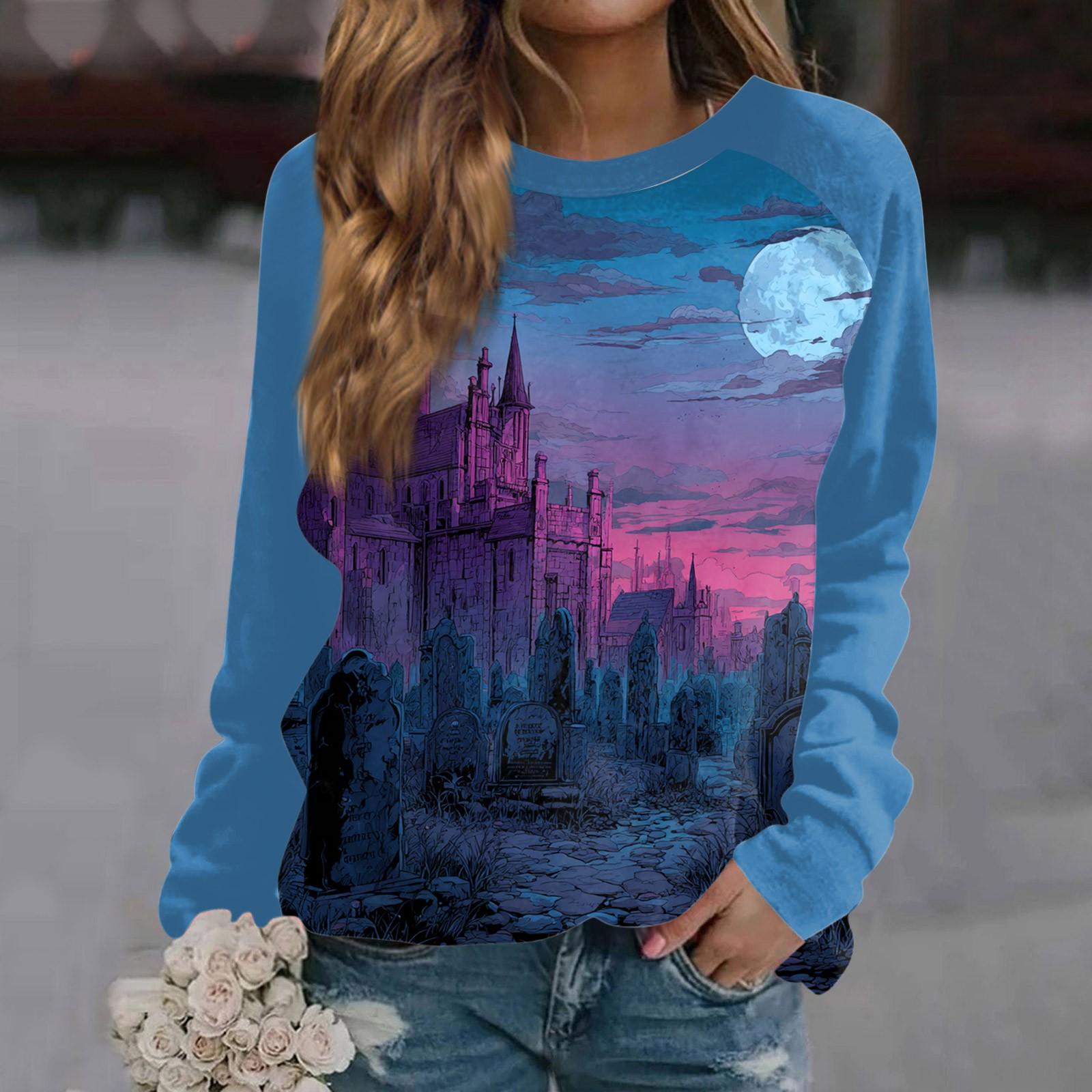 

Женская мода повседневная длинная рукава Хэллоуин принтованный круглый вырез свитер Топ M