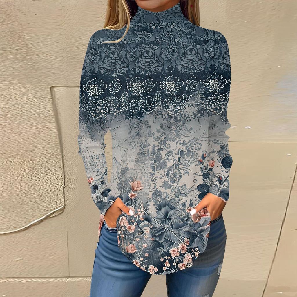 Women's Fashionable Casual High Neck Printed Long Sleeve T-Shirt Pullover Top