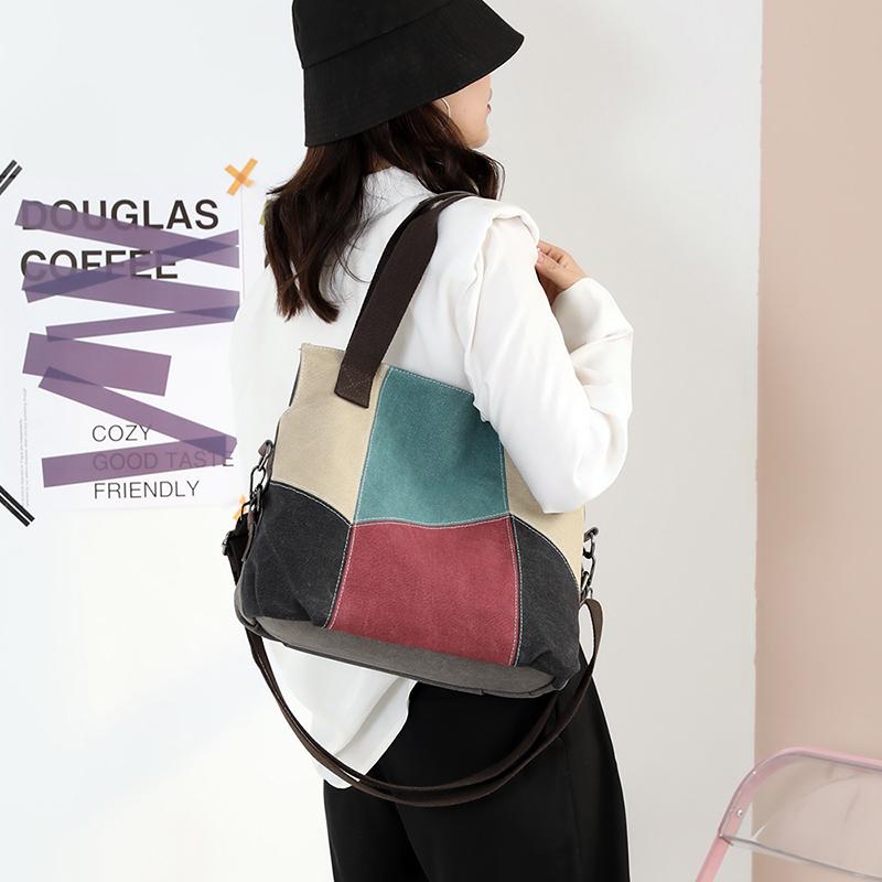 Women's Contrast Canvas Tote Bag Female Large Capacity Contrast Stitching Bag Shoulder Handbag
