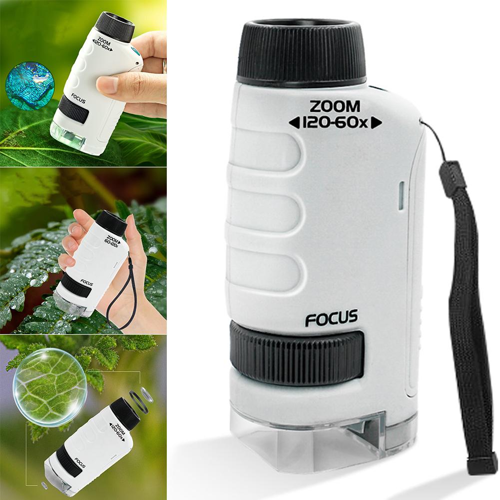 Handheld Microscope Mini Pocket Microscope Kit 60-120x Lab Microscope Zoom Wheel Adjustable with LED for Kids Educational