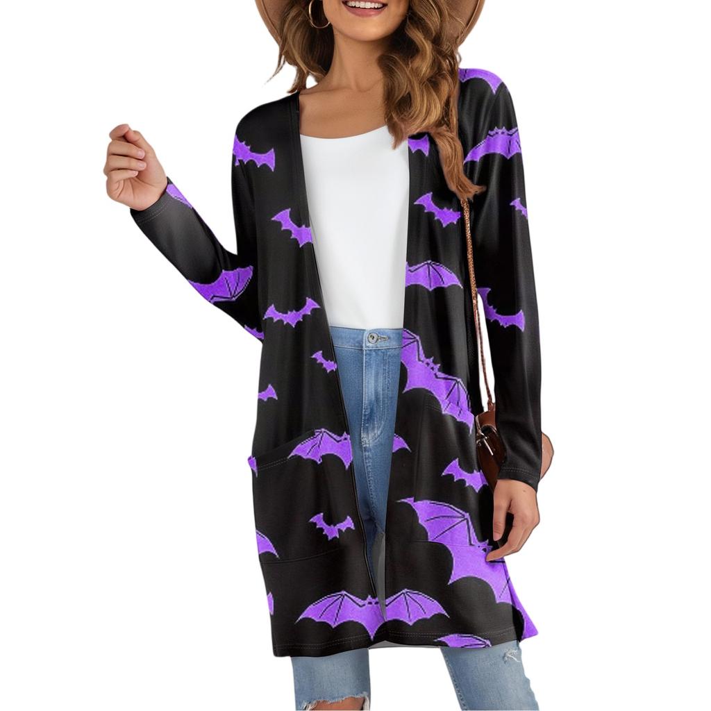 Women's Fashion Casual Comfortable Halloween Printed Mid-Length Cardigan With Pockets Jacket
