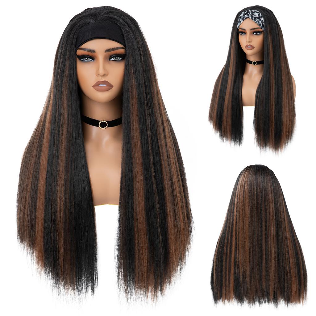 Women's Black Long Synthetic Fibre Wig Ladies Daily Use Natural Looking Fluffy Yaki Straight Style Wig with Headband