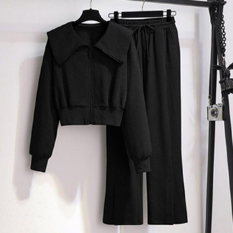 

Fashion Casual Sweatshirt Sports Suit Women s Autumn and Winter Short Top Wide Leg Pants Two-piece Set 2XL чорний