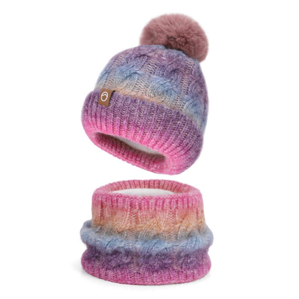 Women's Fashion Contrasting Color Wool Hat And Scarf Two-piece Set: Winter Gradient Pom-pom Knitted Hat, Warm Scarf And Hat Set