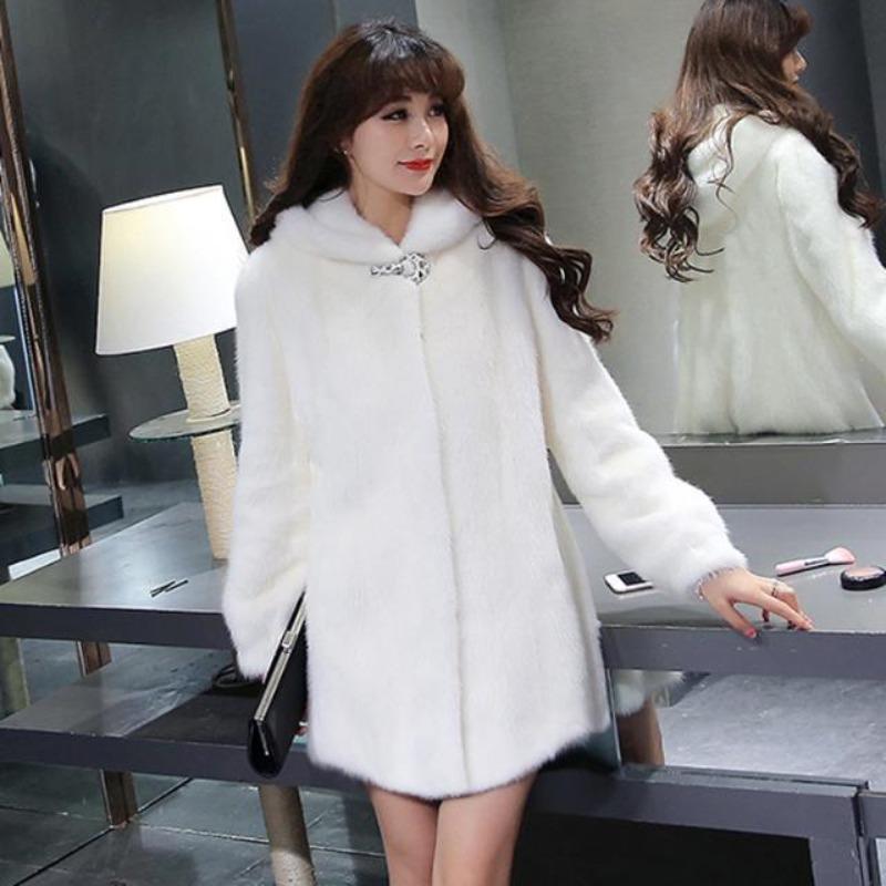 Winter Imitation Mink Coat Women's Hooded Imitation Mink Fur Medium and Long Imitation Fur Jacket Hooded