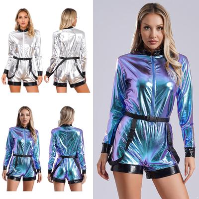 Tuta da astronauta metallizzata lucida da donna con cintura in vita, cerniera frontale, body con pantaloncini corti, costumi per travestimenti per Halloween e Natale