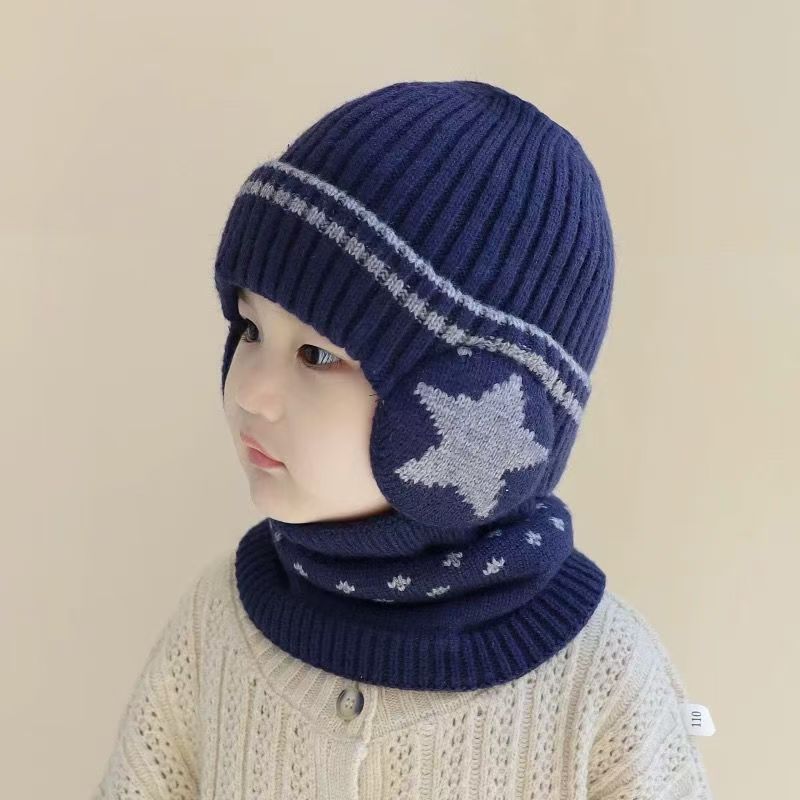 Winter children's hat scarf two-piece set, fleece thickened five-star ear protection hat, warm wool baby cover hat