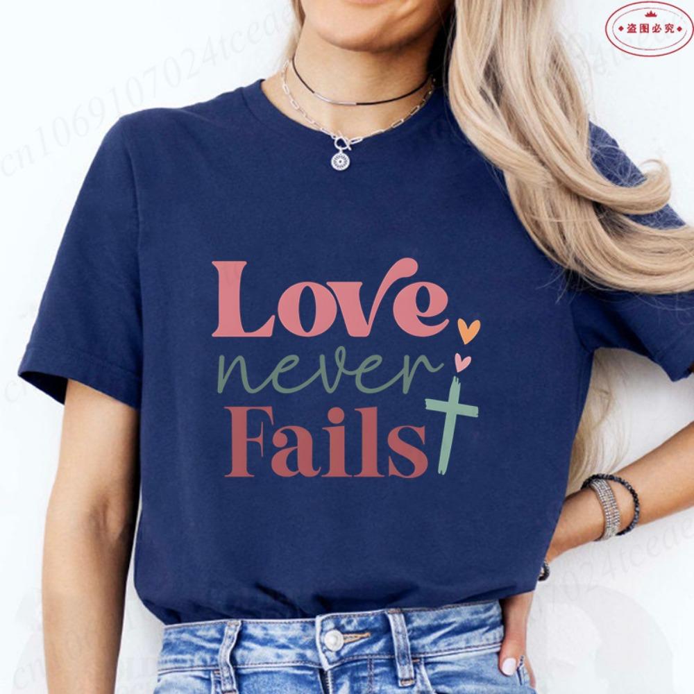 Women's Christian Faith T-Shirt 'Love Never Fails' Retro Color Block Cross Print Tee Casual Short Sleeve O Neck Tops for Church