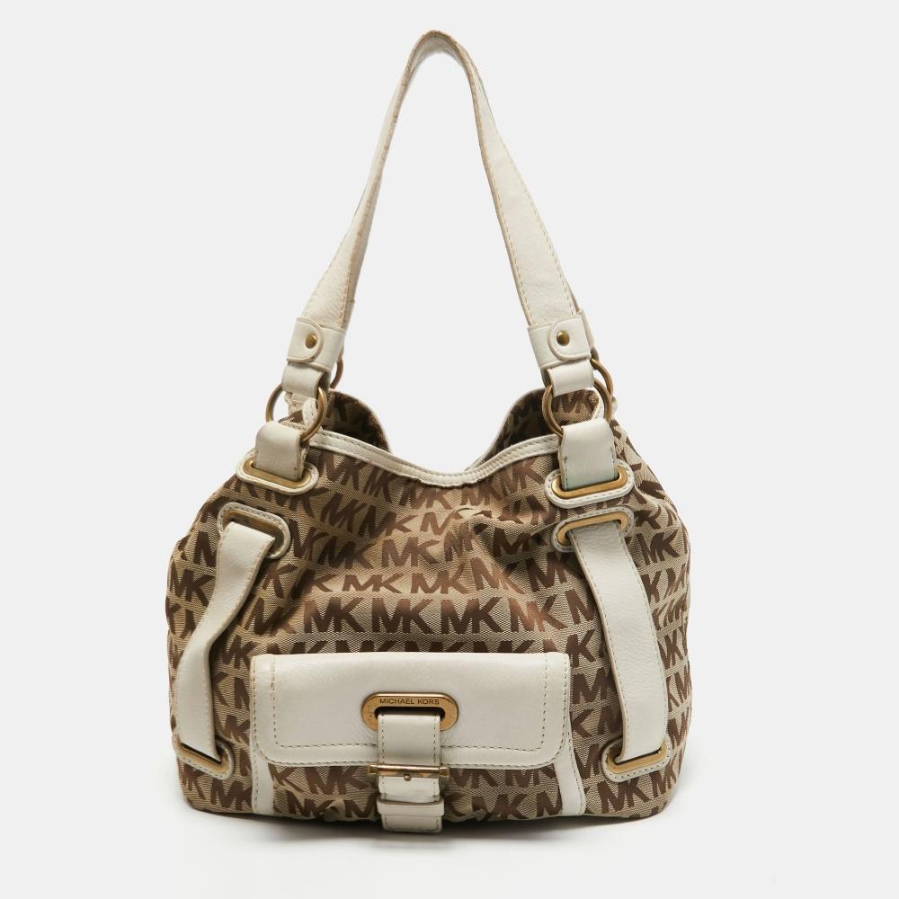 

Michael Kors Michael Michael Kors Beige offSignature Холщовая сумка с передним карманом бежевого цвета