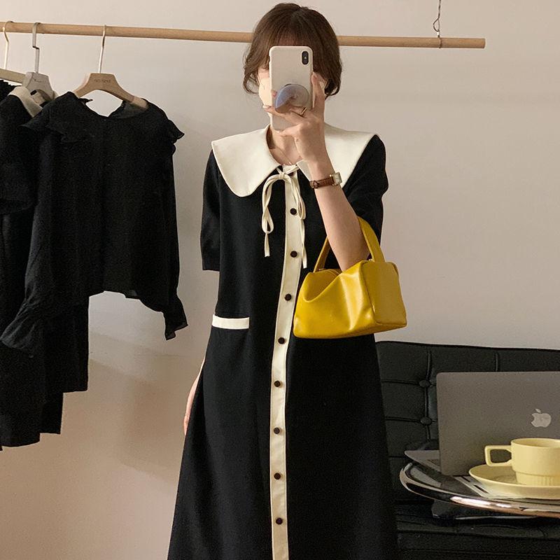French Style Peter Pan Collar Dresses Women's Fashion Drawstring Summer Single-breasted A-Line Basic Pockets Long Dress