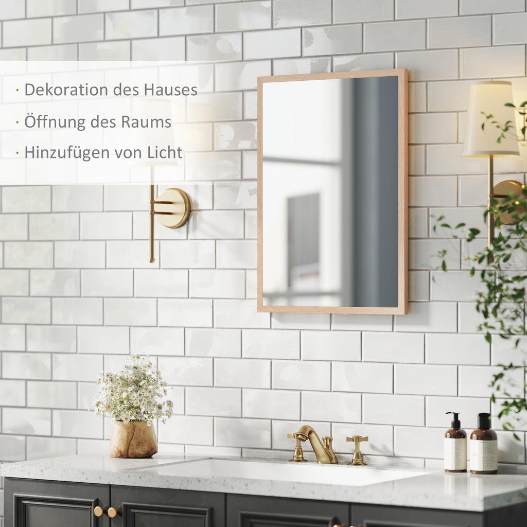 Wall Bathroom Mirror, 70 x 50 cm Wall-Mounted Mirror for Living Room, Bedroom, Hallway, Natural Wood