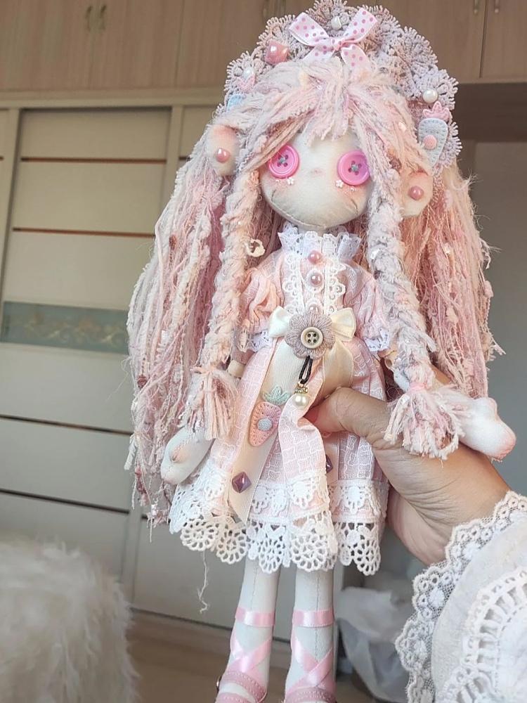 

Handmade Pink Button Eyes Stuffed Hair Doll Ghost Mom Lolita Lace Dress Headdress Handcrafted Collectable Art Gift For Girl