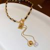 Leather Wrapped Alphabet Square Pearl Tassel Necklace French Light Luxury Premium Clavicle Chain Fashion New Jewelry