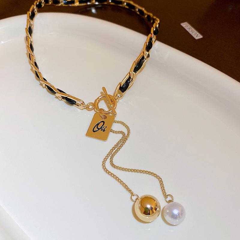Leather Wrapped Alphabet Square Pearl Tassel Necklace French Light Luxury Premium Clavicle Chain Fashion New Jewelry