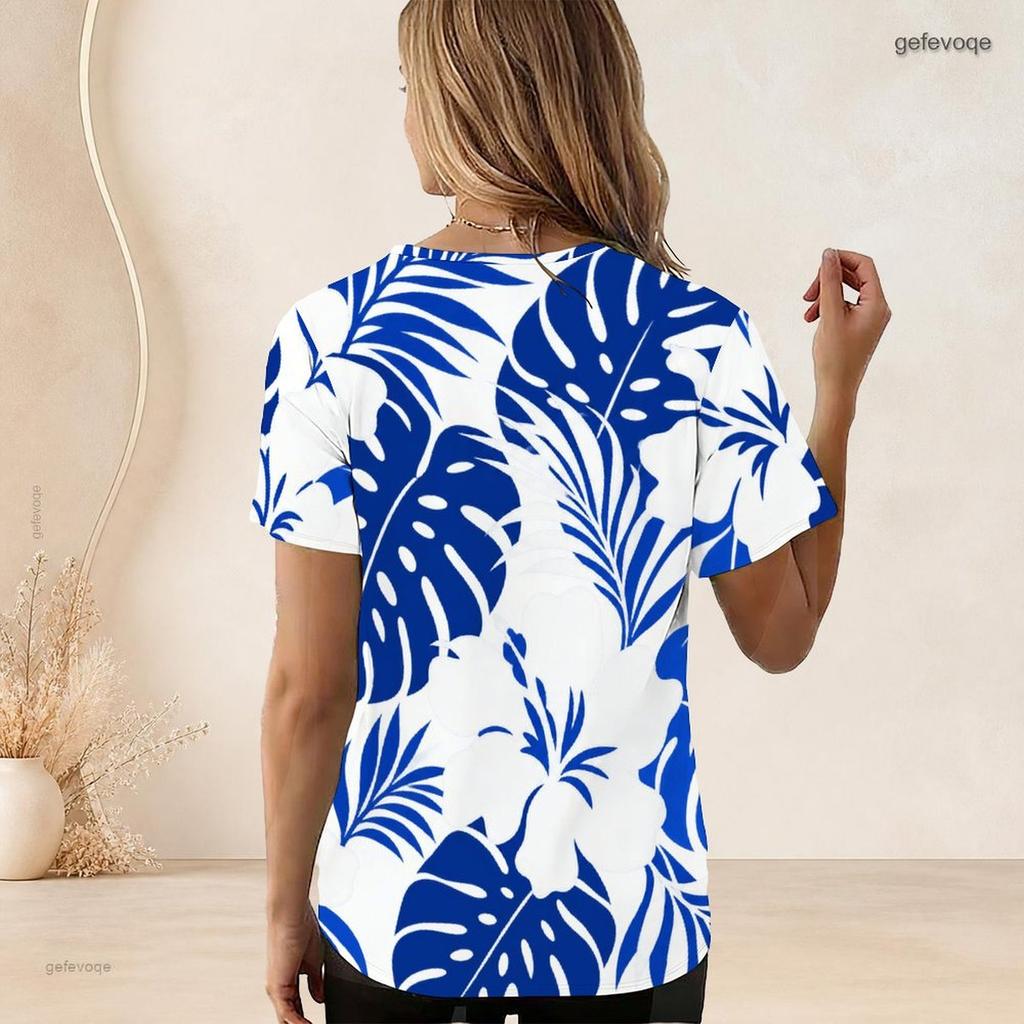 Women Plus Size U Neck Short Sleeve Tropical Leaf Printed White Curved Hem T Shirt