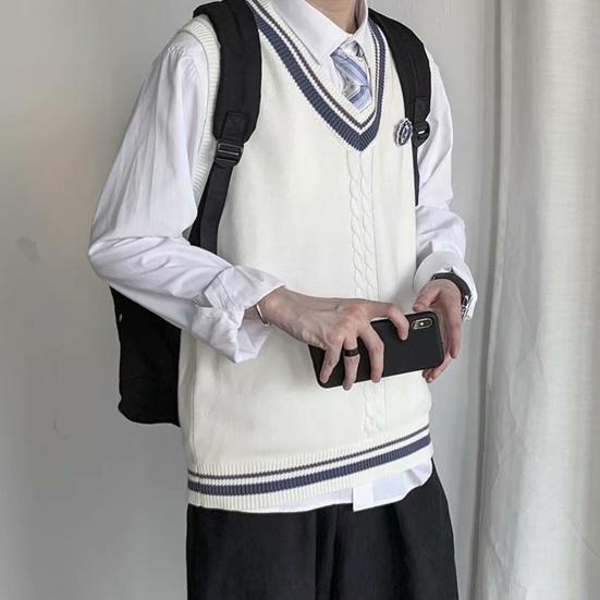 College Style Sleeveless V Neck Sweater Vest Autumn Winter Patchwork Color Twist Men Knitted Vest Daily Clothing