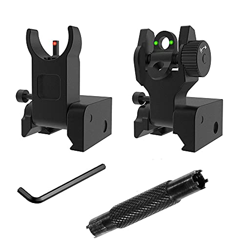 HWZ Tactical Low Fiber Optic Iron Combat Folding Fiber Optic Front and Rear Sight Set with Aiming Set Adjustment Tool (Black)