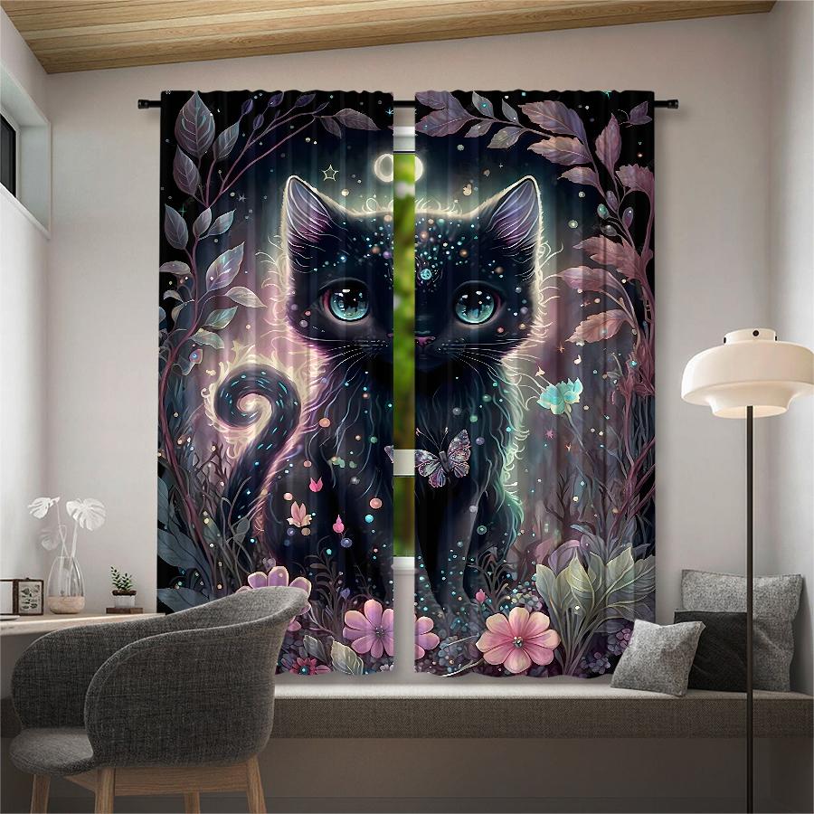 Set Of 2 Cute Cat Printed Curtains Pole Bag Bedroom Living Room Decoration Home Curtain Polyester Perfect For Great