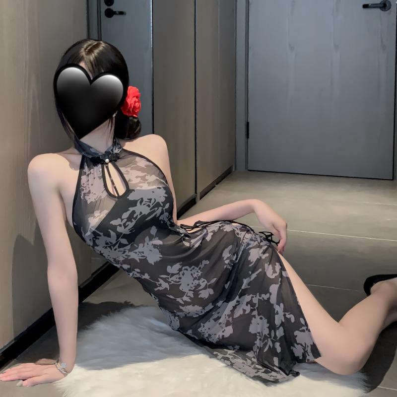 Sexy Printed Backless Cheongsam Neck Dress Embroidered Slit Classical Lingerie Retro Cosplay Woman