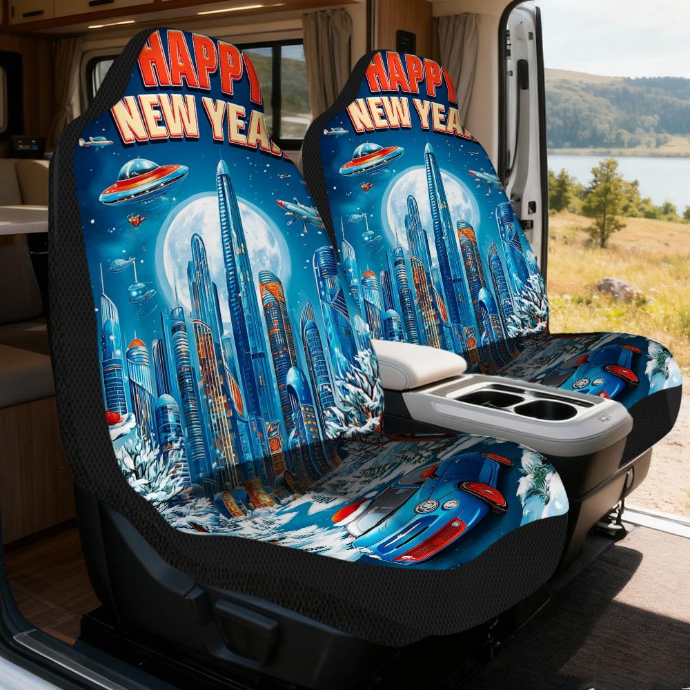 2pcs Stylish Festive Cityscape Car New Year Front Seat Covers, Universal Fit For Single Front Car Seats, Machine Washable Polyes