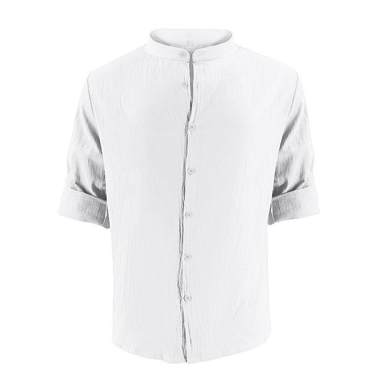 Mens Stand Collar Long Sleeve Breathable Casual Cotton Linen Shirt