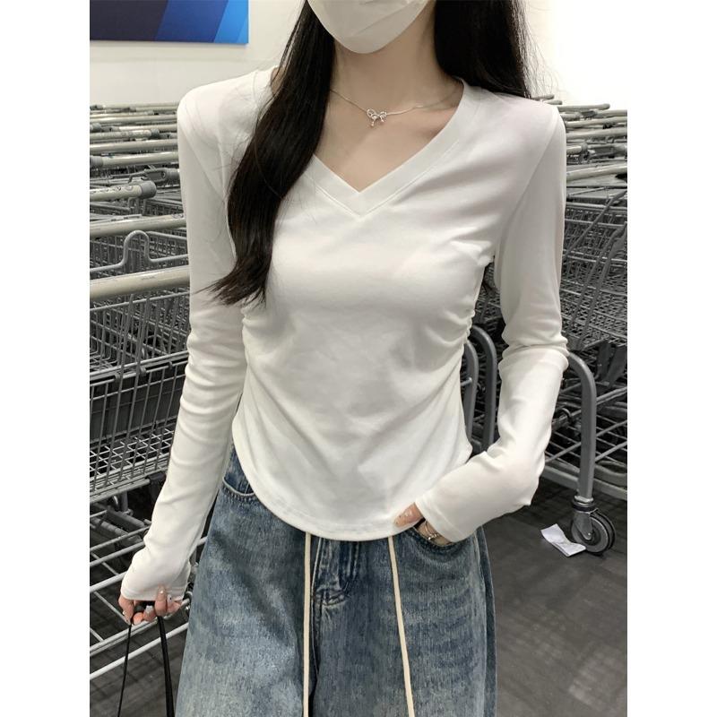 Simple Style Collar Pure White Shoulder Long-sleeved T-shirt Women's Autumn Pleated and Thin Spice Girl Inner Bottoming Shirt