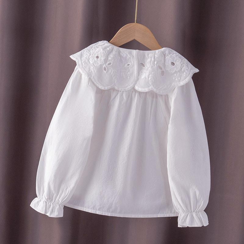 2024 Spring/Autumn Girls' White Cotton Shirt, Turn-Down Collar, Fashionable Student Top