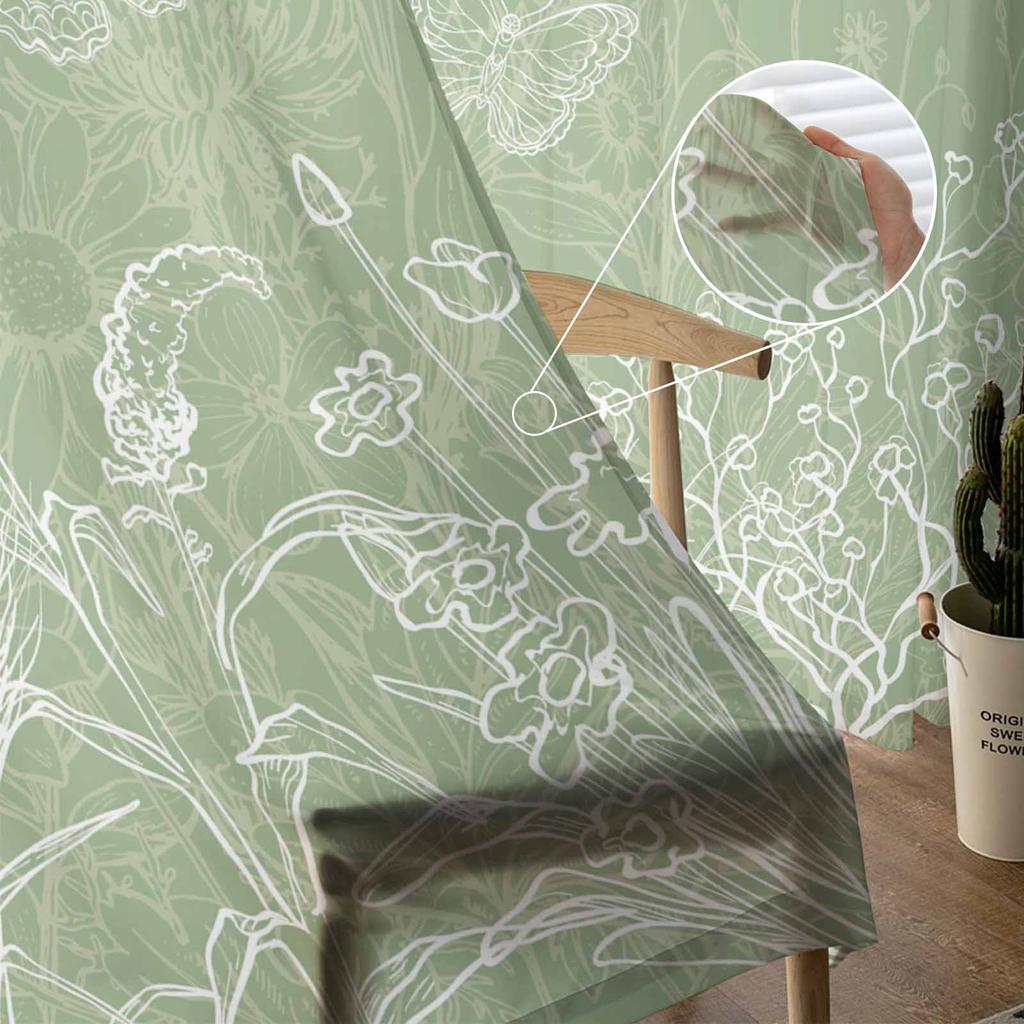Minimalist Flower Hand Drawn Sheer Curtains for Kids Bedroom Living Room Voile Window Curtains Tulle Drapes