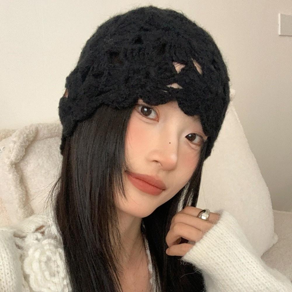 Hollow Knitted Pullover Hat Solid Color Beanies Cap Cute Crochet Flower Hat  Girls