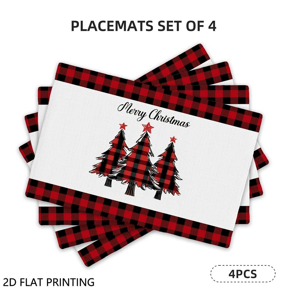 4pcs/6pcs Christmas Placemats for Dining Table, Plaid Xmas Tree Pattern Home Kitchen Placemats, Suitable for Holiday Decorations, Dining Tables, Scene