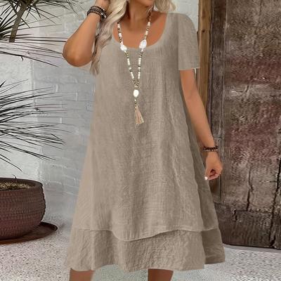 Women'S Orange Linen Midi Dress Short-Sleeve Layered-Hem Loose-Fit Garment Adult Daily Casual Trendy Breathable Apparel