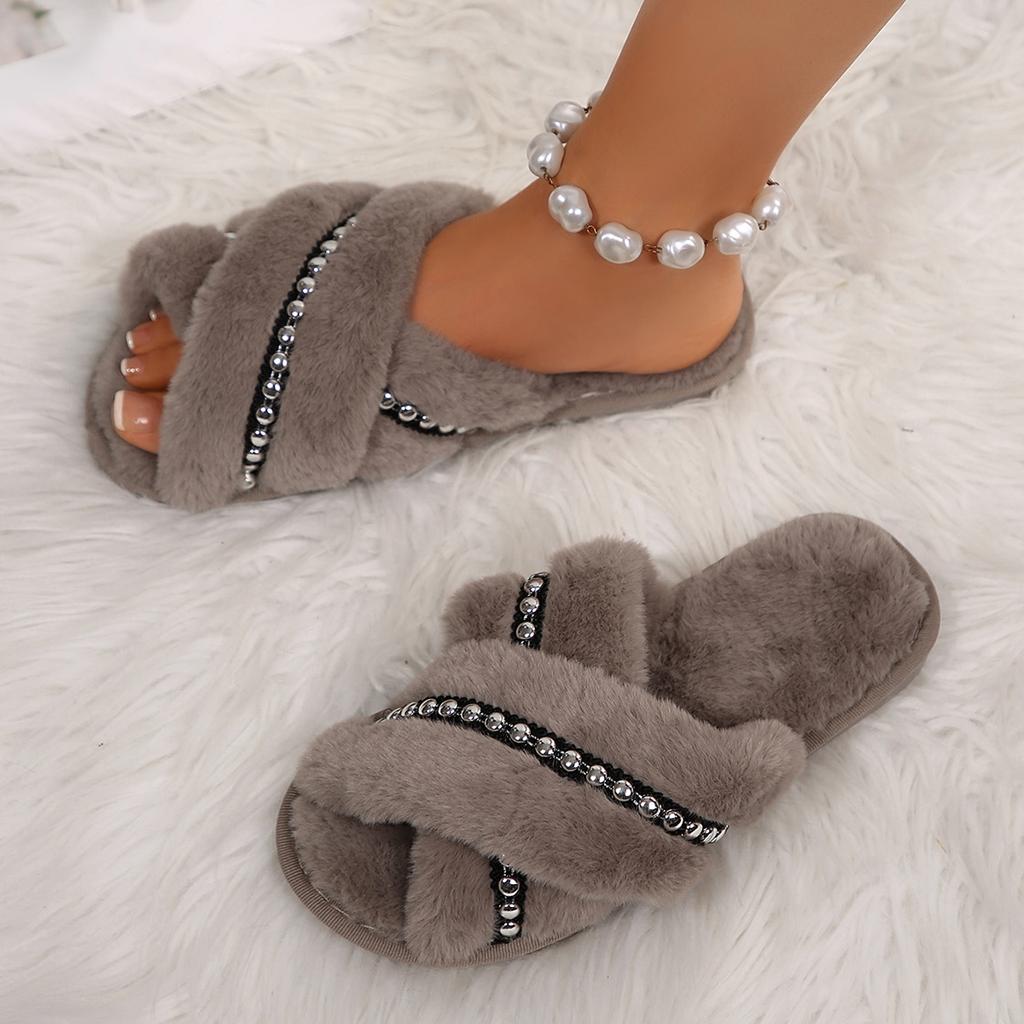 Fashion Women's Warm Plush Cross Strap House Slippers Fashion Chain Decor Fluffy Fur Slides Woman Autumn Winter Open Toe Furry Slippers