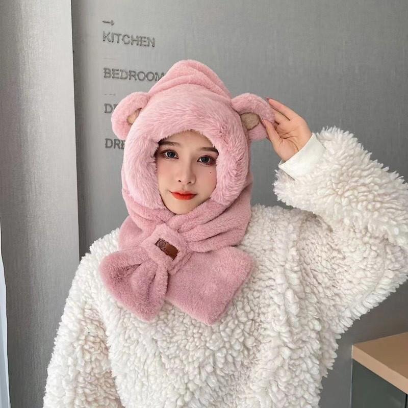 Bear hat plush scarf female winter cute winter scarf two-piece set hooded integrated ear hat warm tide