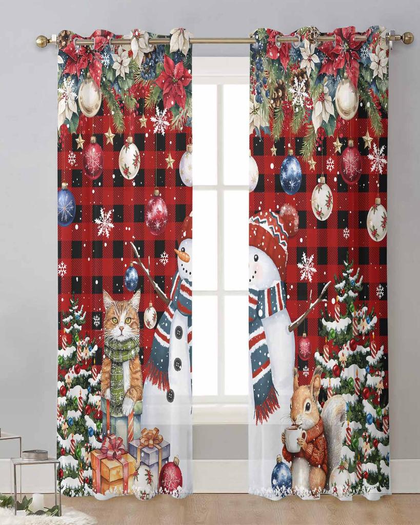 Christmas Tree Snowman Cat Squirrel Snowflake Ball Plaid Sheer Curtains Room Decor Window Curtain Kitchen Tulle Voile Curtains