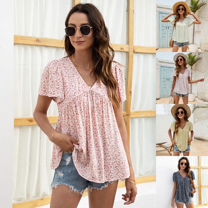 

Женская летняя футболка с v-образным вырезом и коротким рукавом, женские модные летние свободные топы с цветочным принтом