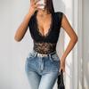 VEZFAA Women's Fashion Casual Solid Color Print Summer Spring Sleeveless V-Neck Bodysuits