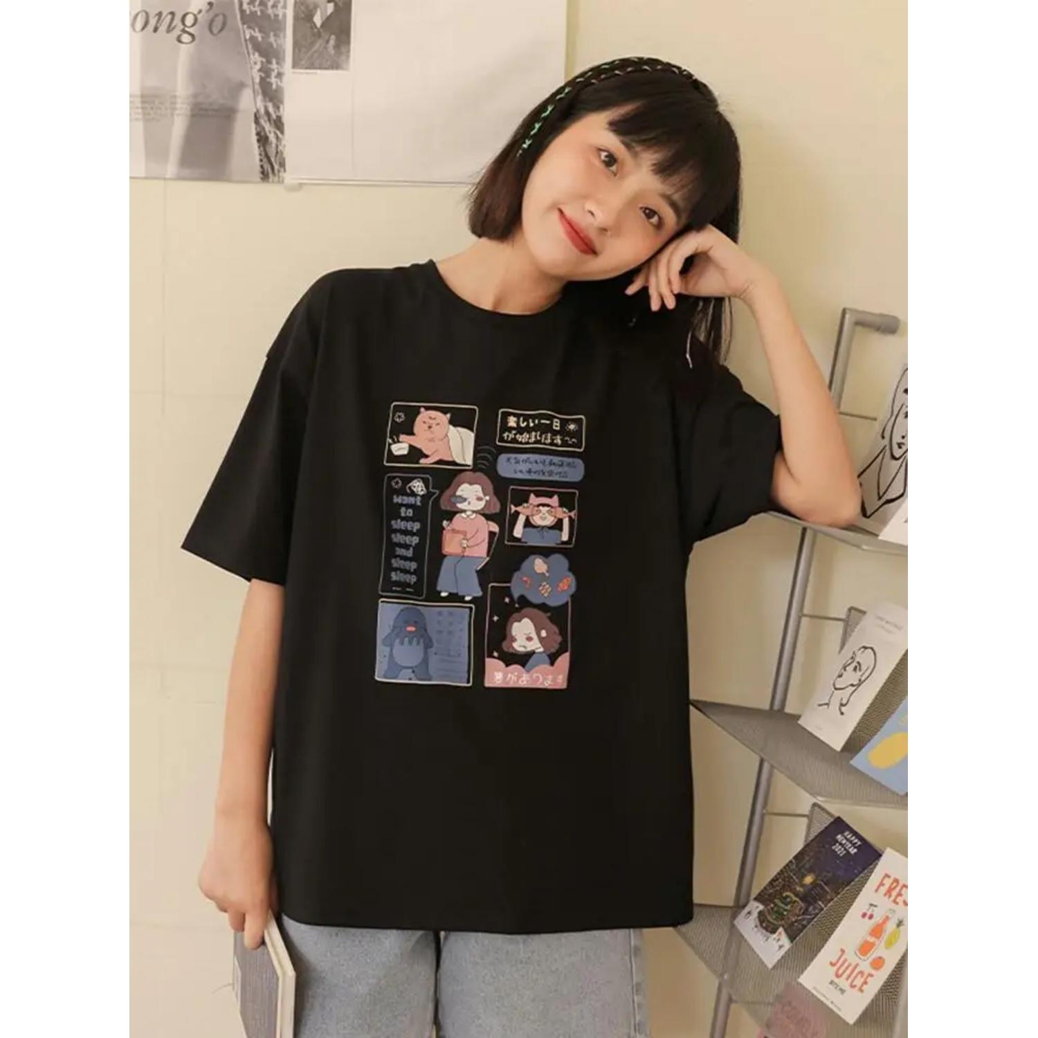 

Summer Cotton Women Printed T Shirt Cute Harajuku Style Short-Sleeved Top High Quality O-Neck Oversized T Shirts Simple Leisure S чёрный
