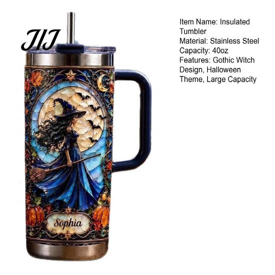 Large Capacity Water Cup for Office 40oz Witch Tumbler, Halloween Gothic Stainless Steel Portable Drinkware Outdoor Activities with Handle, Insulated
