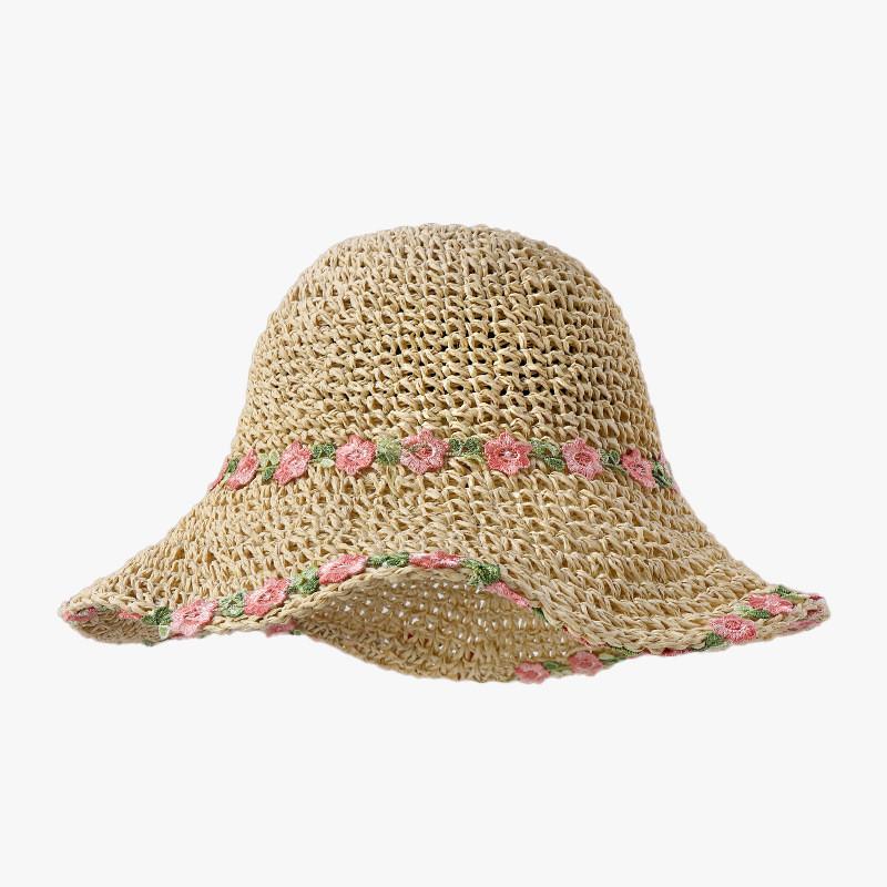 Chapeau de paille pour femme, protection solaire d'été, à larges bords, avec décoration florale, pour les vacances à la plage