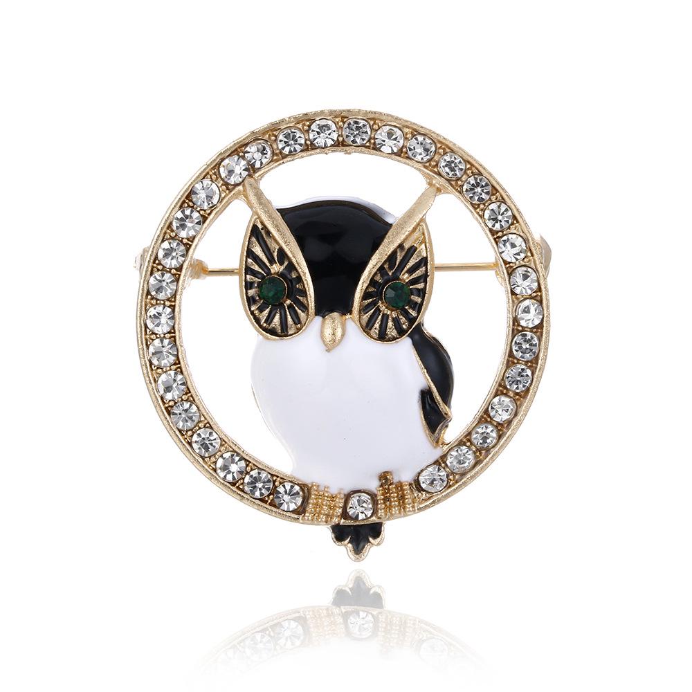 European Owl Brooch: Rhinestone & Enamel Design