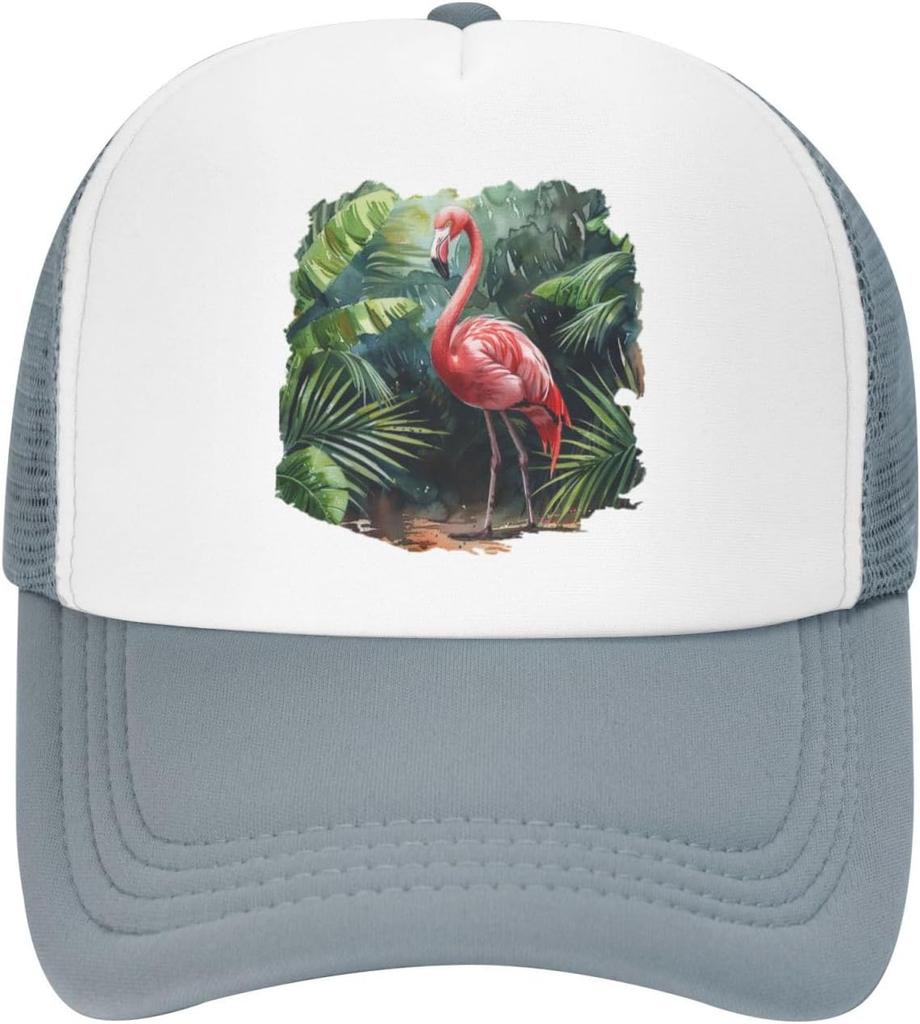 Flamingo Watercolor Palm Leaves Mesh Trucker Hat Adjustable Snapback Baseball Cap for Men Women