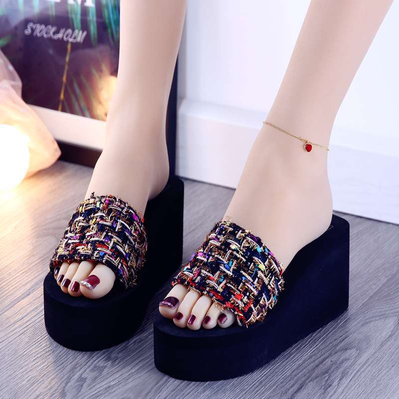 New summer wear high-heeled thick-soled women's non-slip sandals one-word slippers women's slope heel fashion beach seaside women's slippers