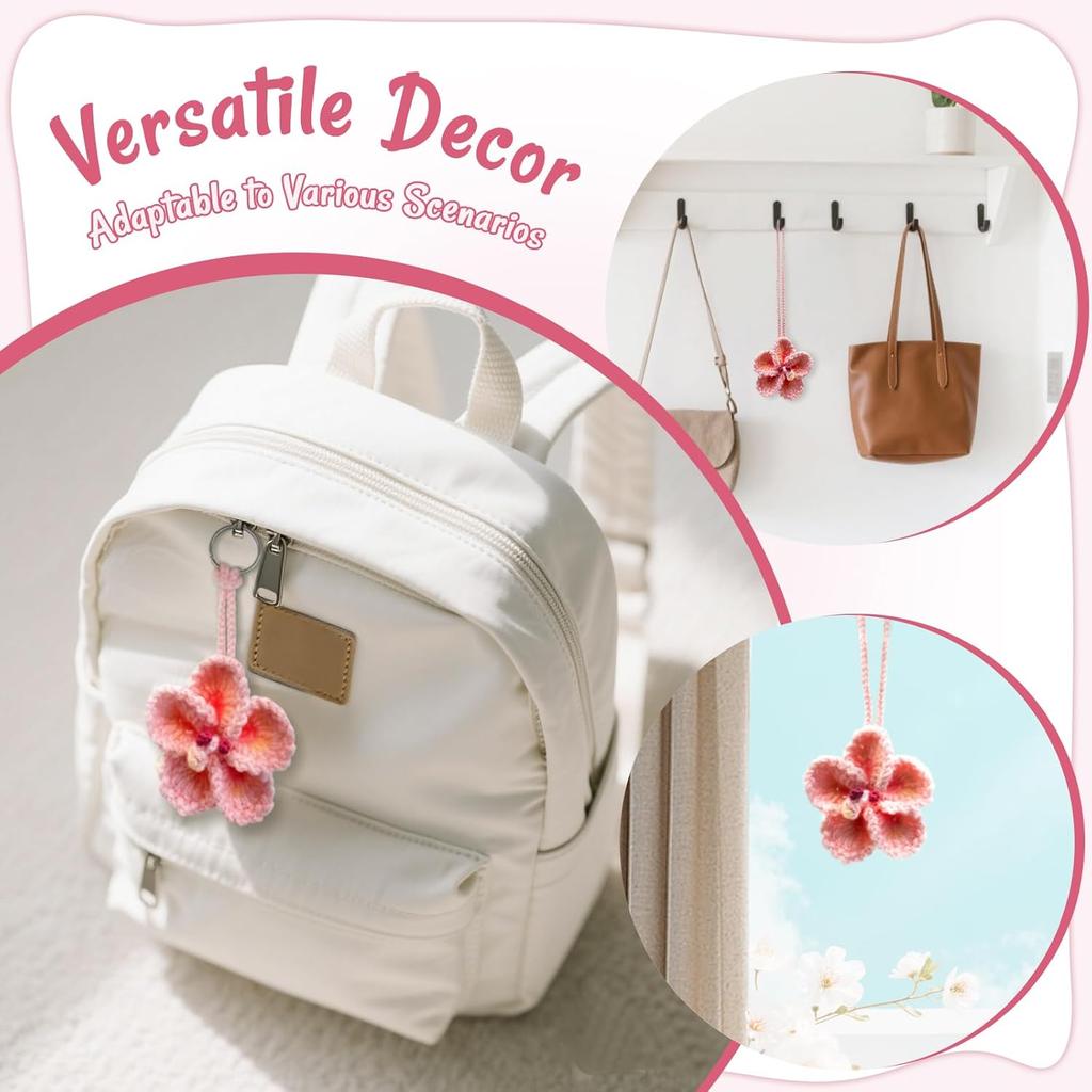 Crochet Hibiscus Flower Car Hanging Accessories for Women,Handmade Hawaiian Tropical Flower Ornament,Cute Crochet Plant for Car Rearview Mirror