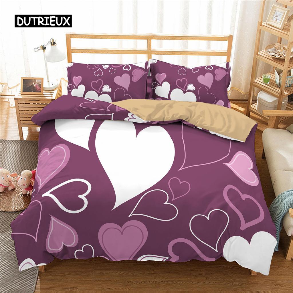 Set cuvertură de pilota cu inimă de dragoste pentru fete, copii, husă de cuvertură, cu inimi de dragoste drăguță, set de lenjerie de pat geometric, husă de pilota din poliester romantic